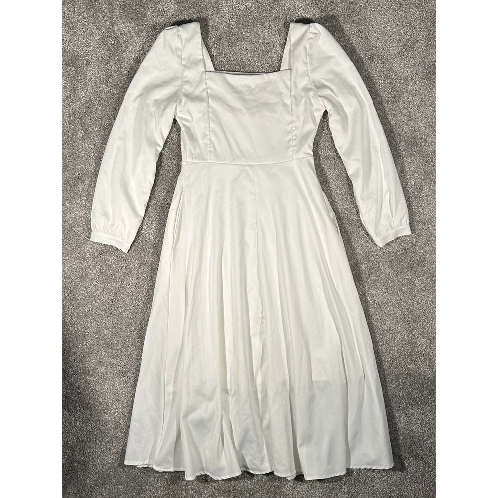 Han Fan White Square Neck Puff Sleeve Midi Dress Size Small NWT - Picture 2 of 9